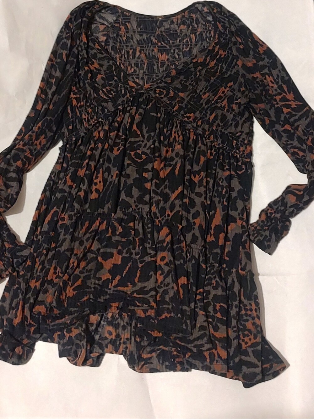 Women's Long-Sleeve Smocked Yoke Animal Print Dress - Black & Brown